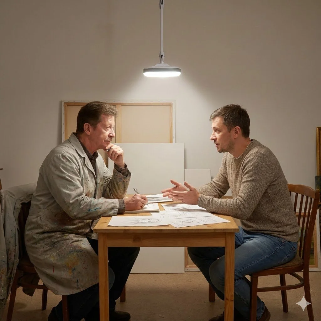 Two men having a serious conversation at a wooden table in a dimly lit room, with artwork and a paint-splattered painter's coat hanging on a chair. The man on the left, older, wears a painter's coat and is taking notes, while the man on the right, younger, gestures with his hands.
