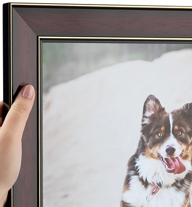 A hand holding a wooden frame with a photo of a dog with black, white, and brown fur and a pink tongue, outdoors in a natural setting.