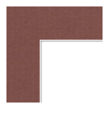 Close-up of a corner of a reddish-brown bookshelf with a white shelf inside.