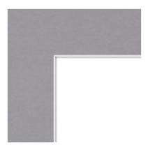 Close-up of a corner of a gray picture frame with white inner border.