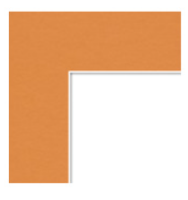 Close-up of an empty white picture frame with a light brown border on a light orange background.