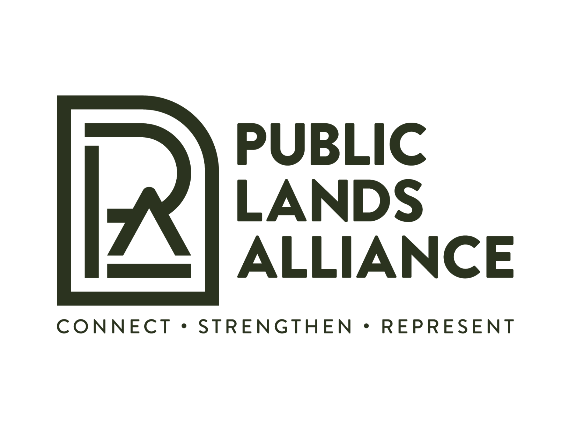 Public Lands Alliance logo with stylized map and text, with words Connect, Strengthen, and Revere below.