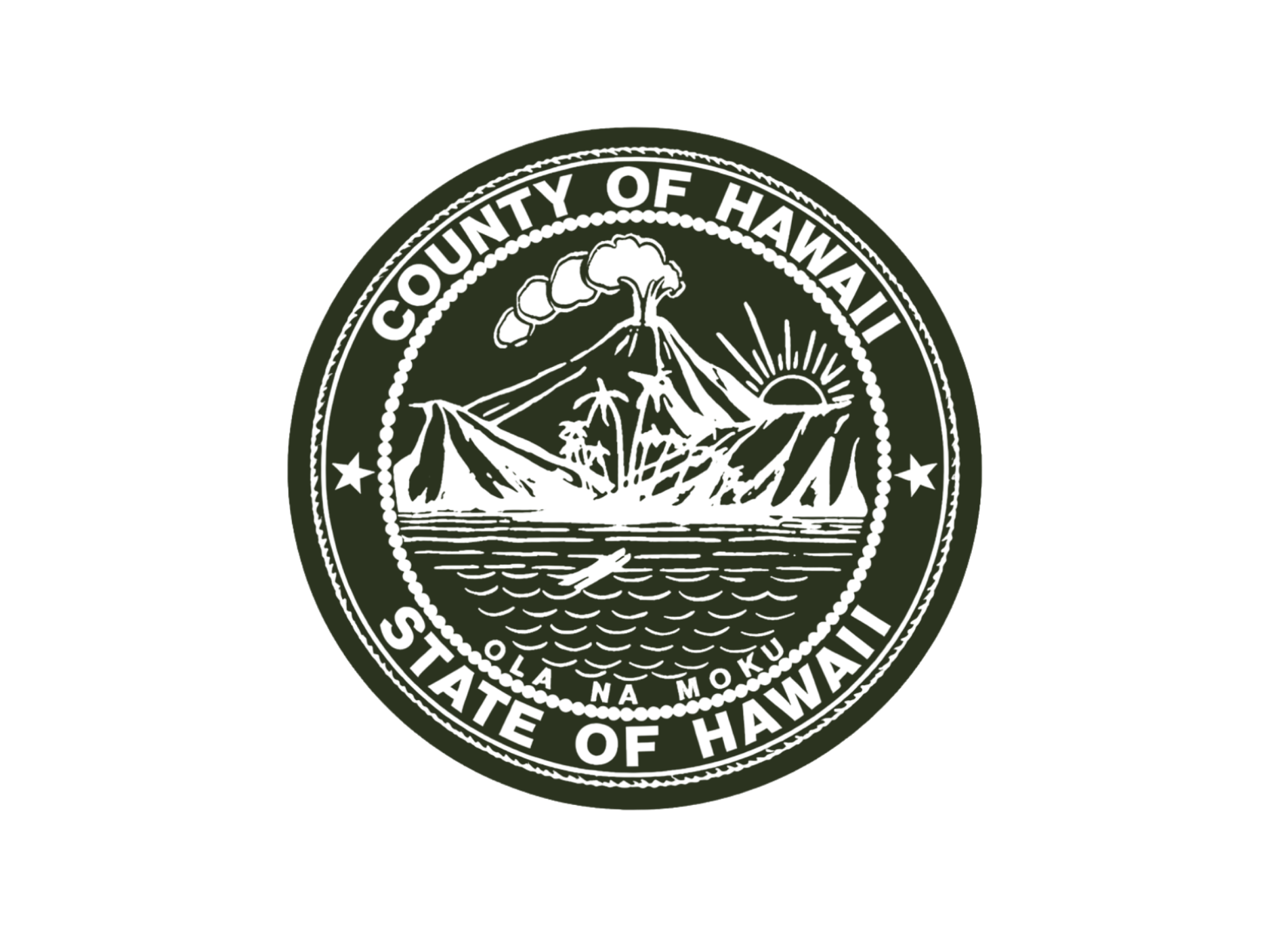 Seal of the County of Hawaii featuring a mountain, sunrise, ocean, and a plant.