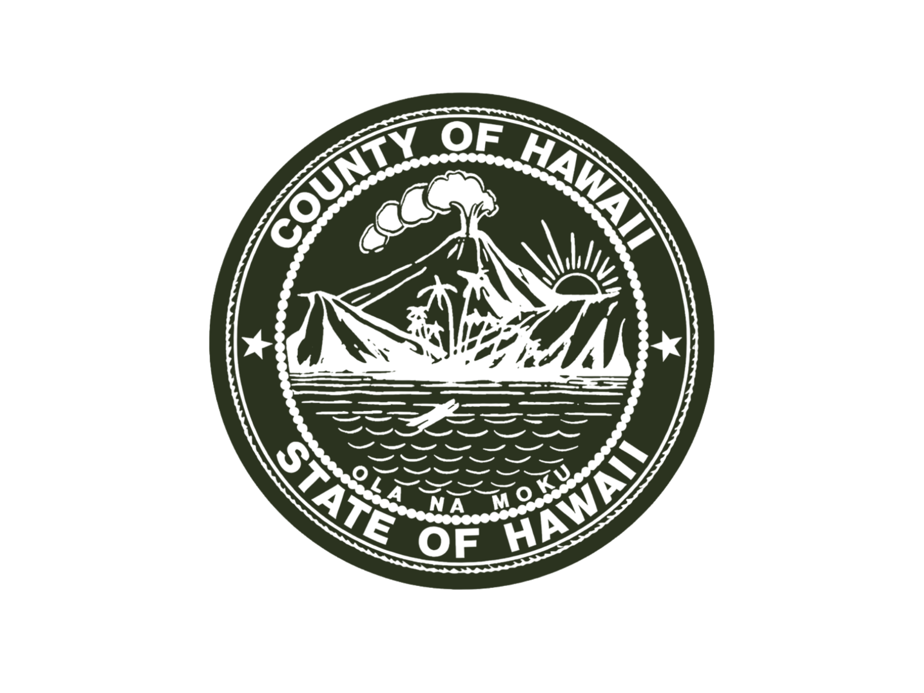 Seal of the County of Hawaii featuring a mountain, sunrise, ocean, and a plant.