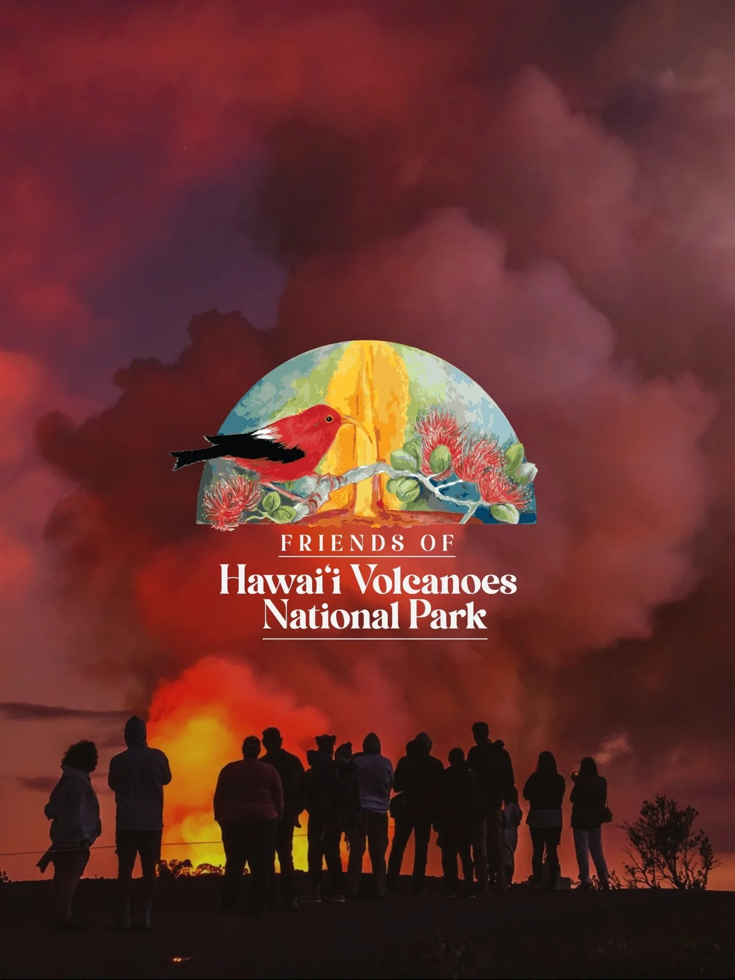 Silhouettes of people watching a volcanic eruption at Hawaii Volcanoes National Park during sunset, with dark smoke and orange glow in the sky.