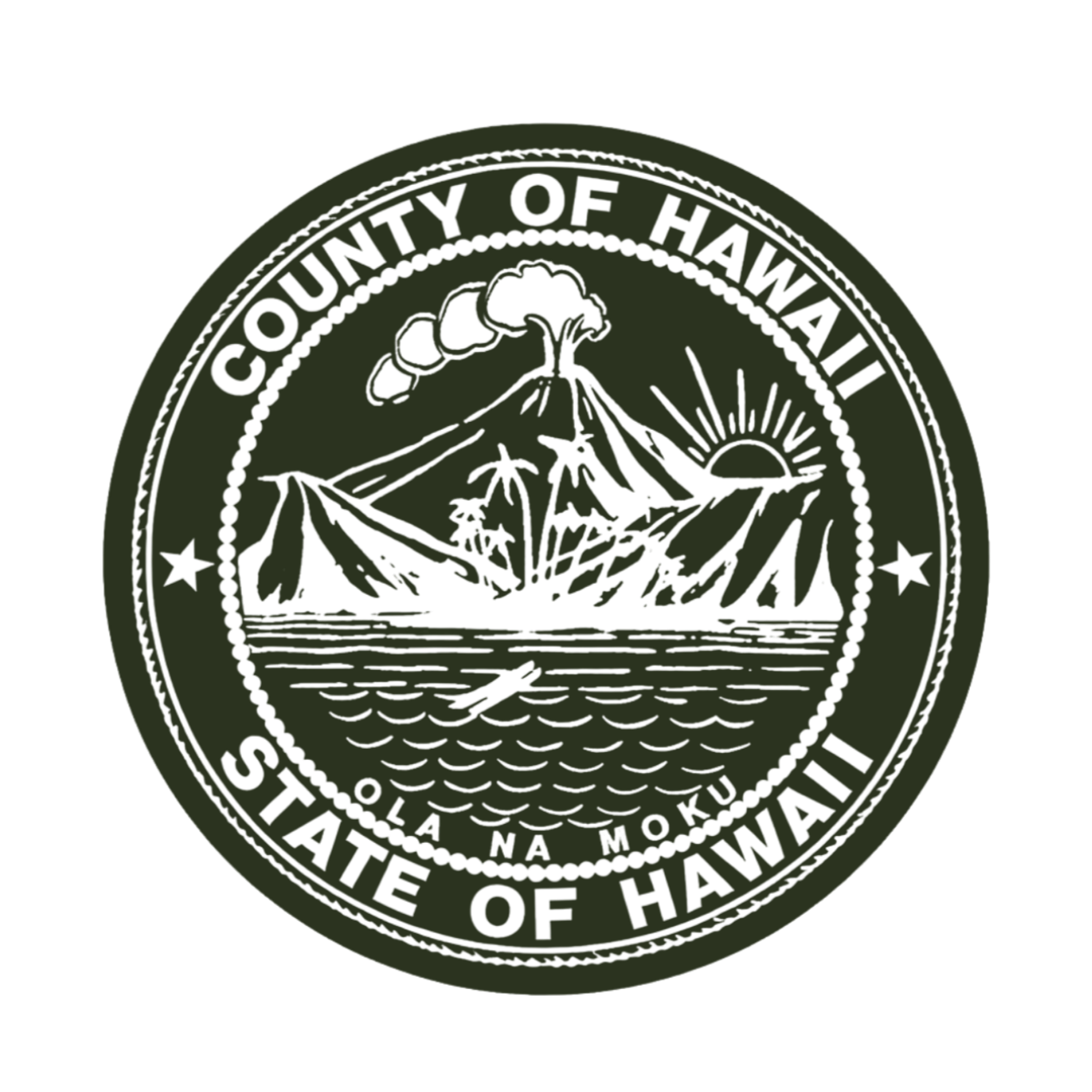 Seal of Hawaii County, Hawaii, featuring a mountain, a sunrise, and a body of water with a fish jumping.