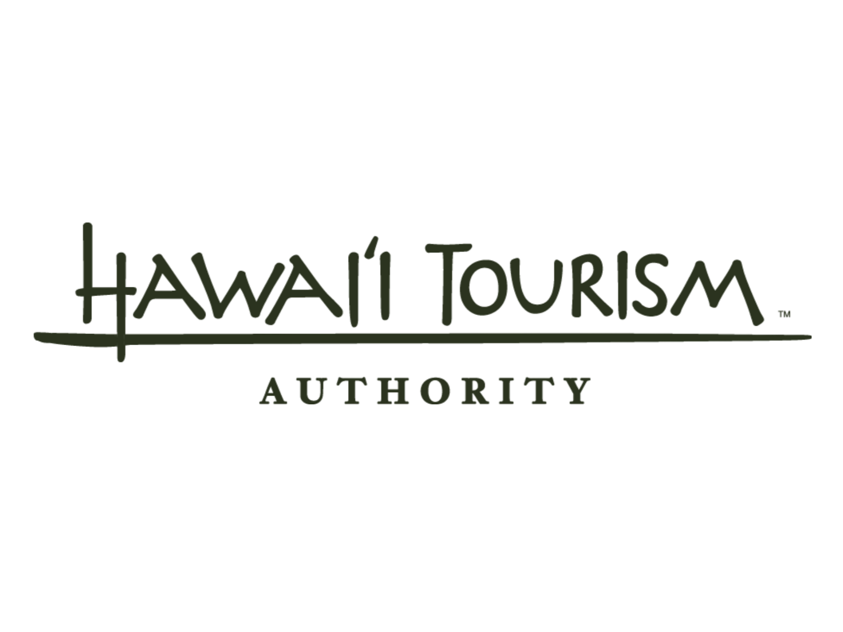 Hawaii Tourism Authority logo with stylized text and line design.