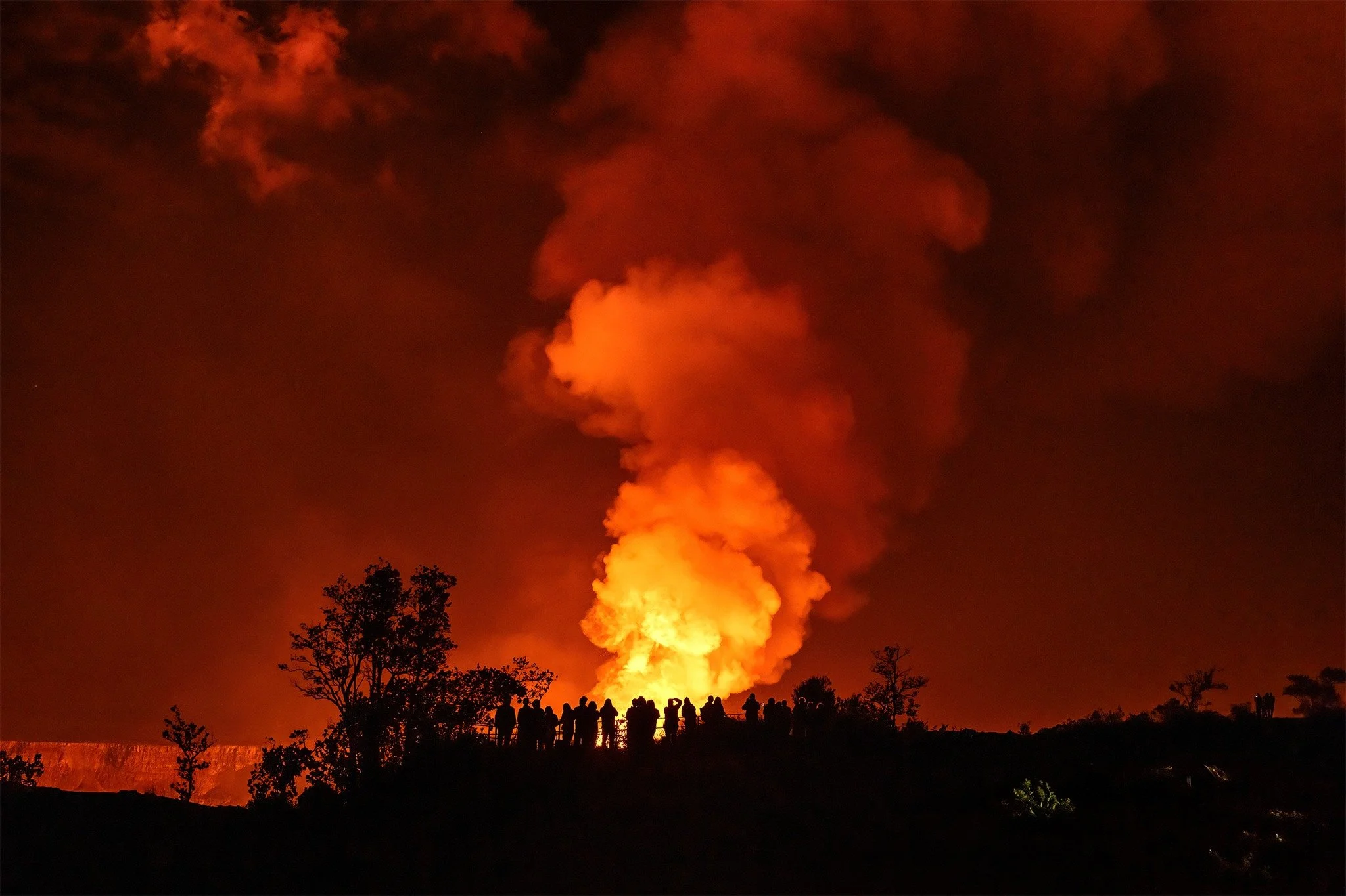 Nighttime scene of a forest with fire or explosion in the distance, illuminating the sky with orange and red hues. Silhouettes of trees and people are visible in the foreground.
