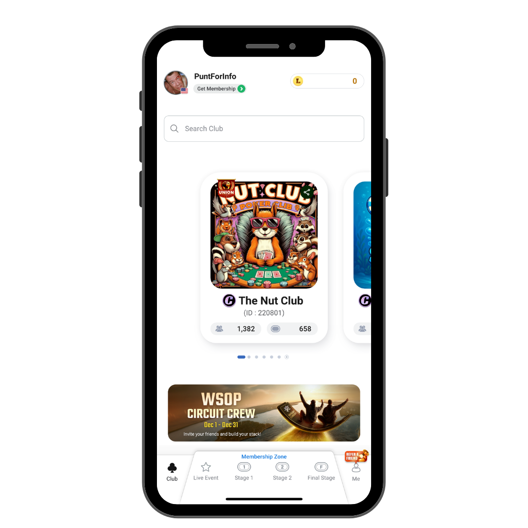 A smartphone displaying a mobile app with a highlighted game called "The Nut Club" featuring cartoon animals around a poker table. Other game icons and banners are visible below, including a promotion for the WSOP Circuit Crew event.