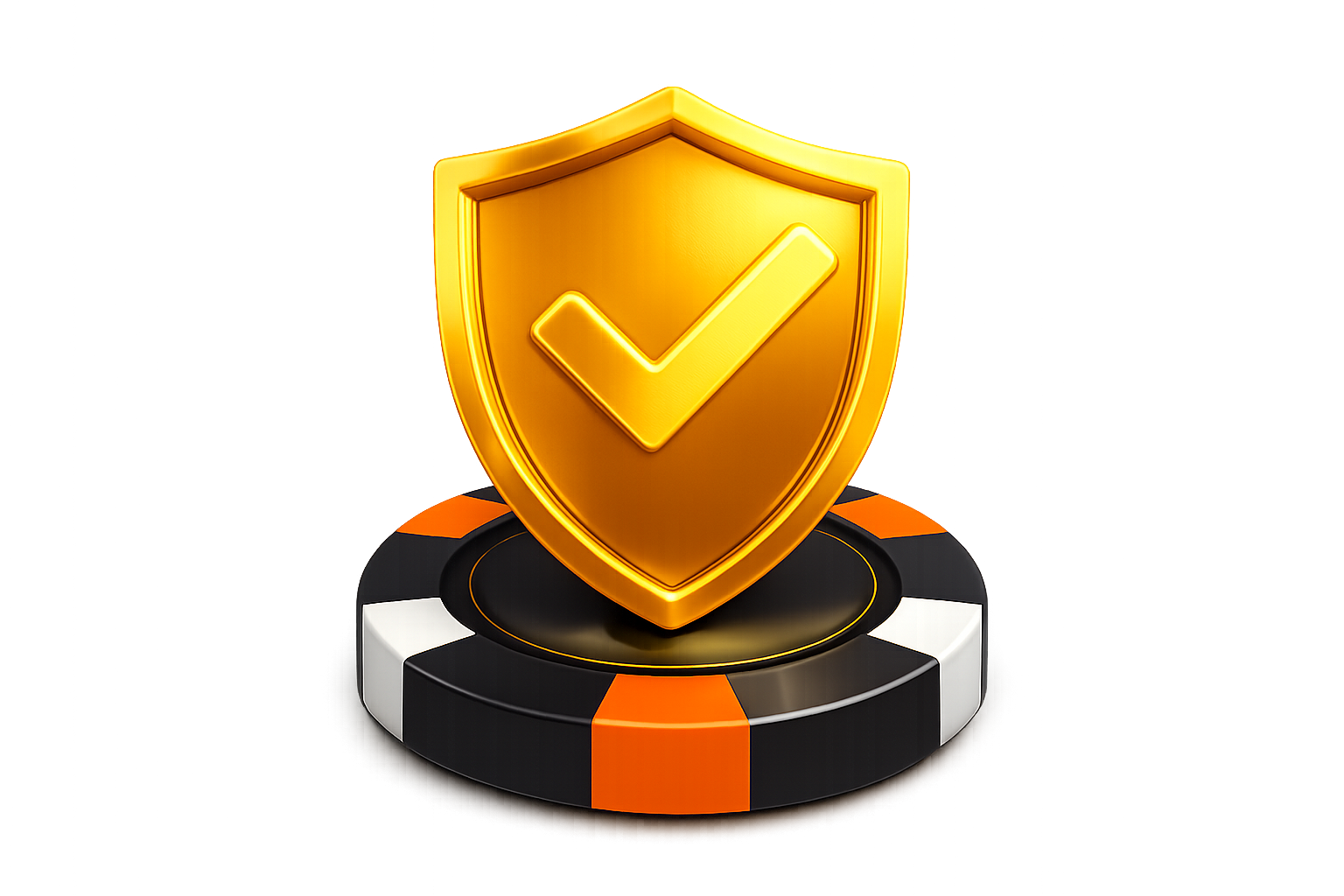 A golden shield with a checkmark symbol on it, placed on a black and orange poker chip.