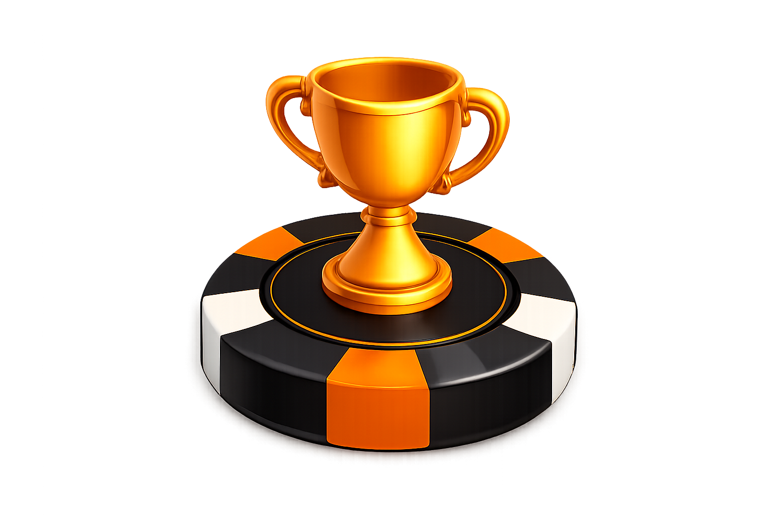 A golden trophy cup on a black, orange, and white poker chip-style winner's medal.