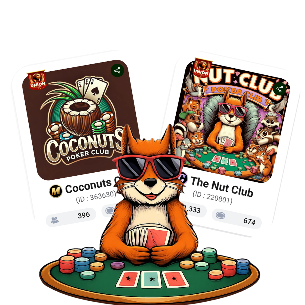 Animated fox character with sunglasses sitting at a poker table with poker chips and cards, with two social media profile cards in the background for 'Coconuts Poker Club' and 'The Nut Club.'