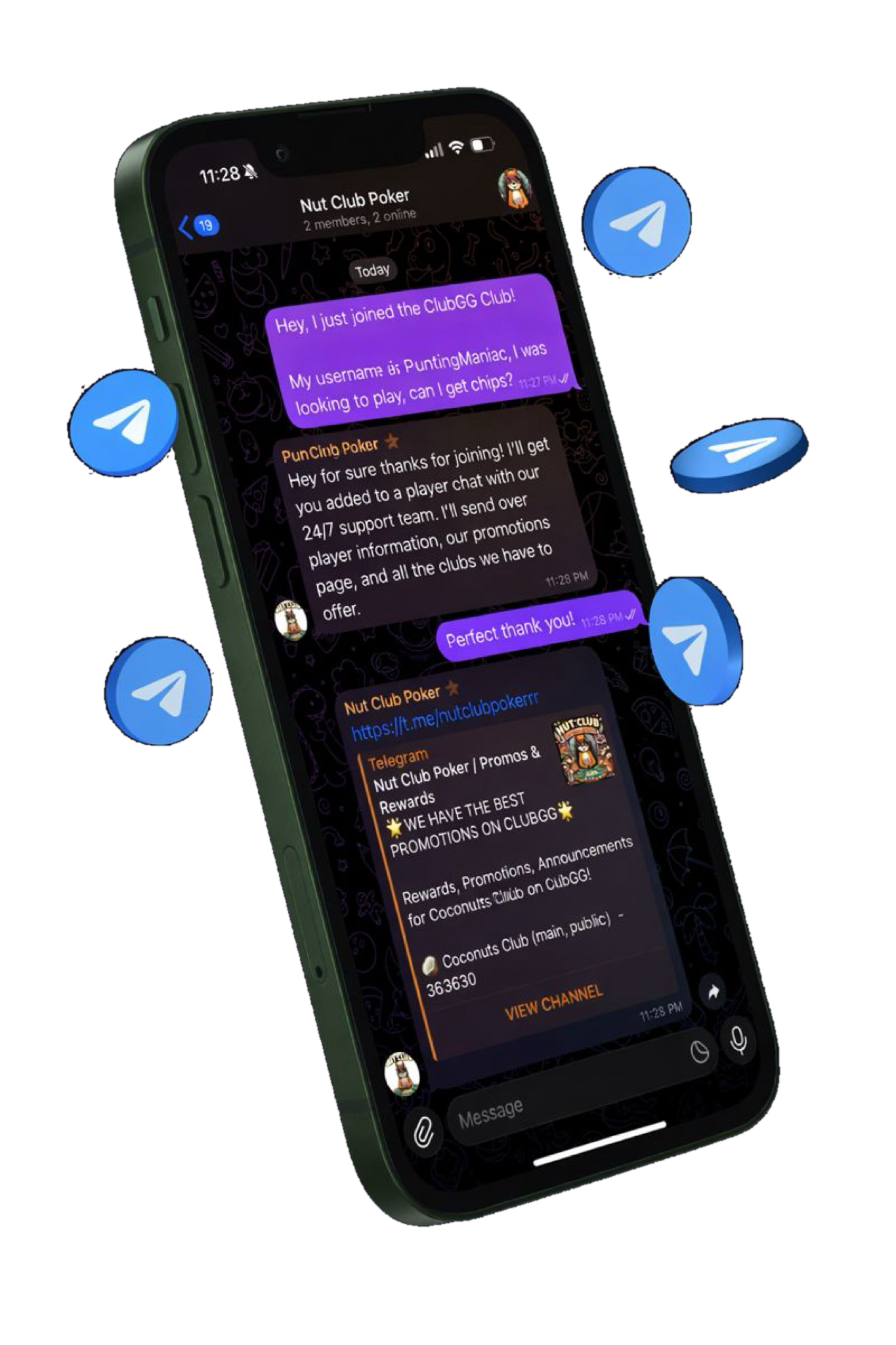 Smartphone screen displaying a chat conversation with Nut Club Poker on the Telegram app, surrounded by floating Telegram icons and chips.