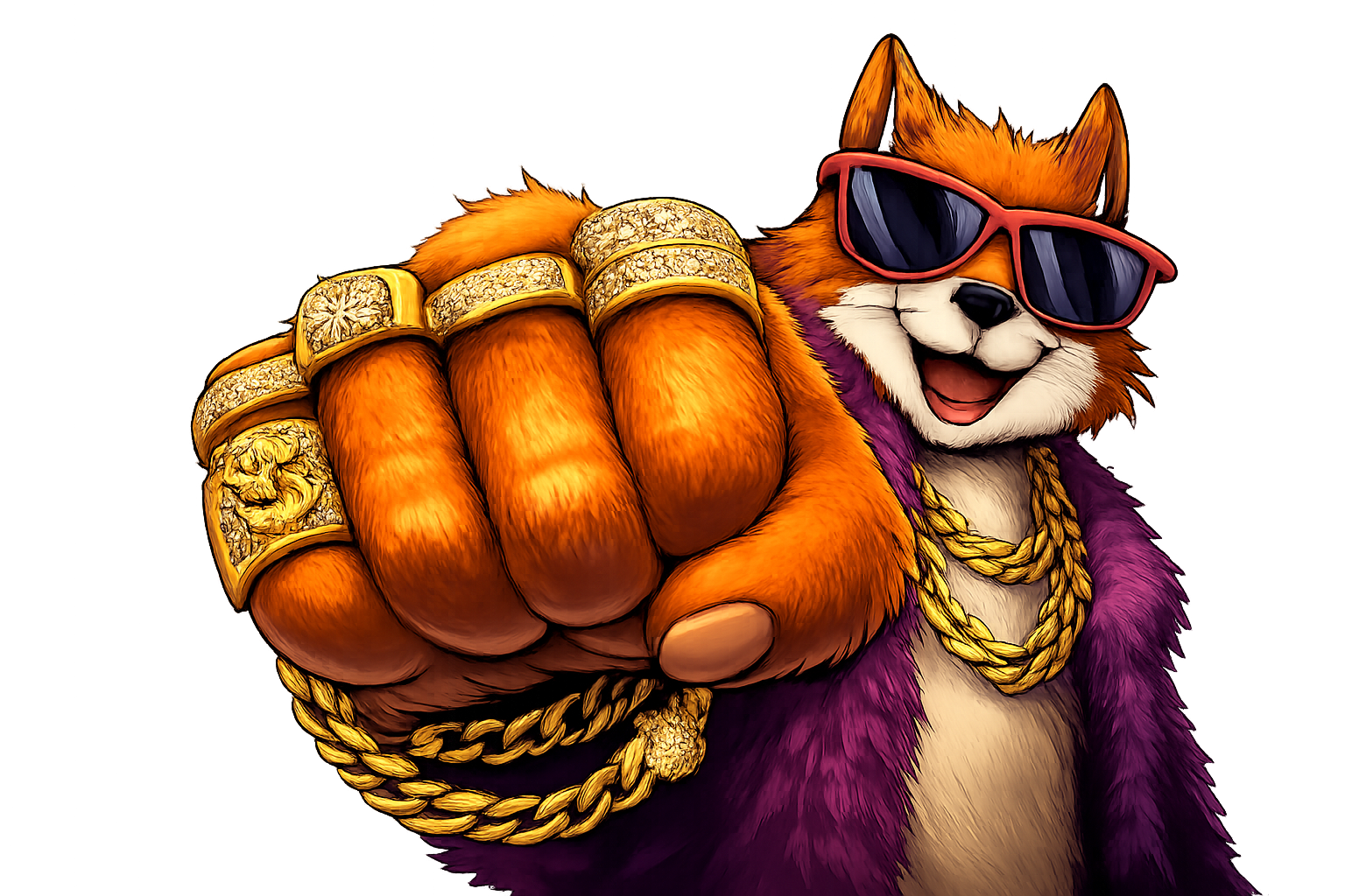Cartoon dog wearing sunglasses, purple fur coat, and gold jewelry, pointing forward.