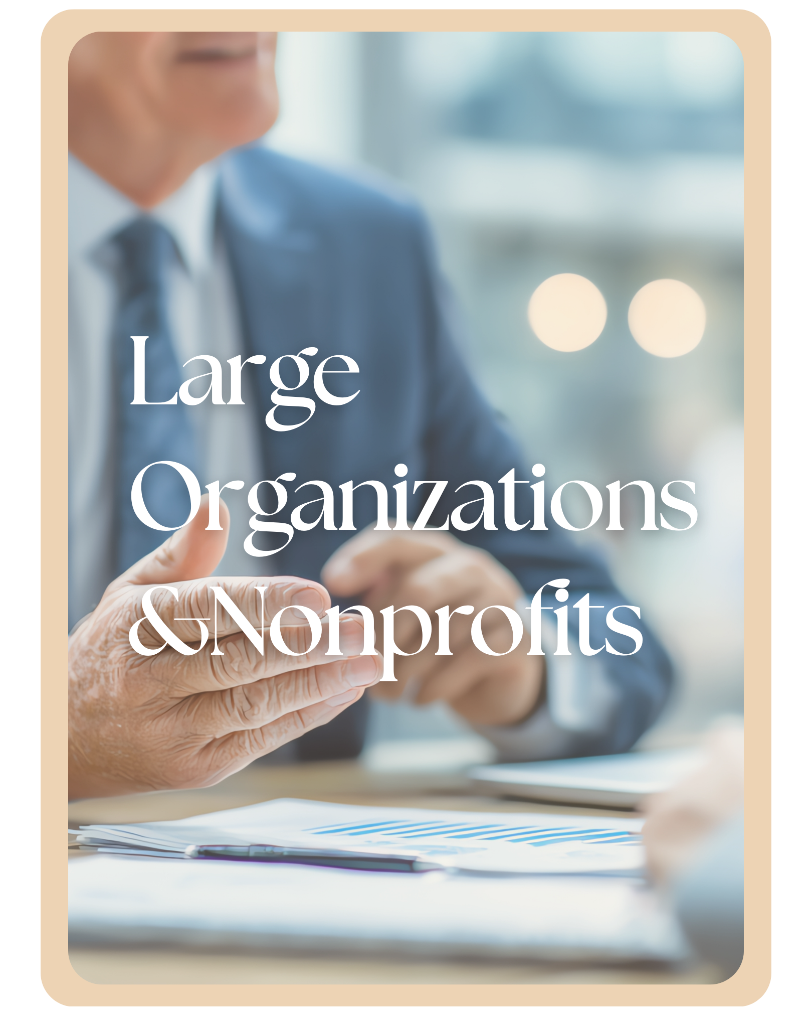 A person in a suit sitting at a desk with documents and a pen, with the text "Large Organizations & Nonprofits" overlaid.