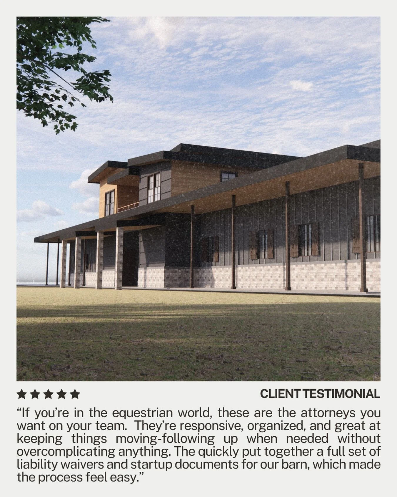 From dream to done - this new barn build is officially legally protected. 

&ldquo;If you&rsquo;re in the equestrian world, these are the attorneys you want on your team.&rdquo;

We helped this client get their new facility off the ground with liabil