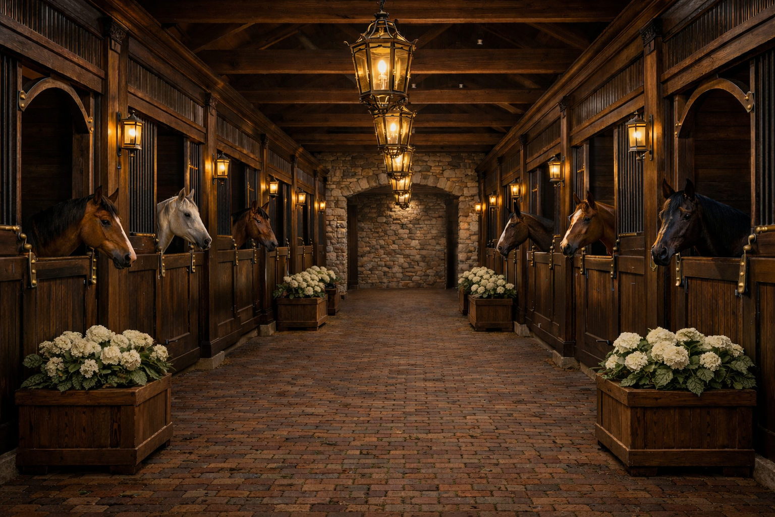 Interior of a horse stable with seven horses in wooden stalls, white flowers in wooden planters along the brick walkway, and warm hanging lantern-style lights.