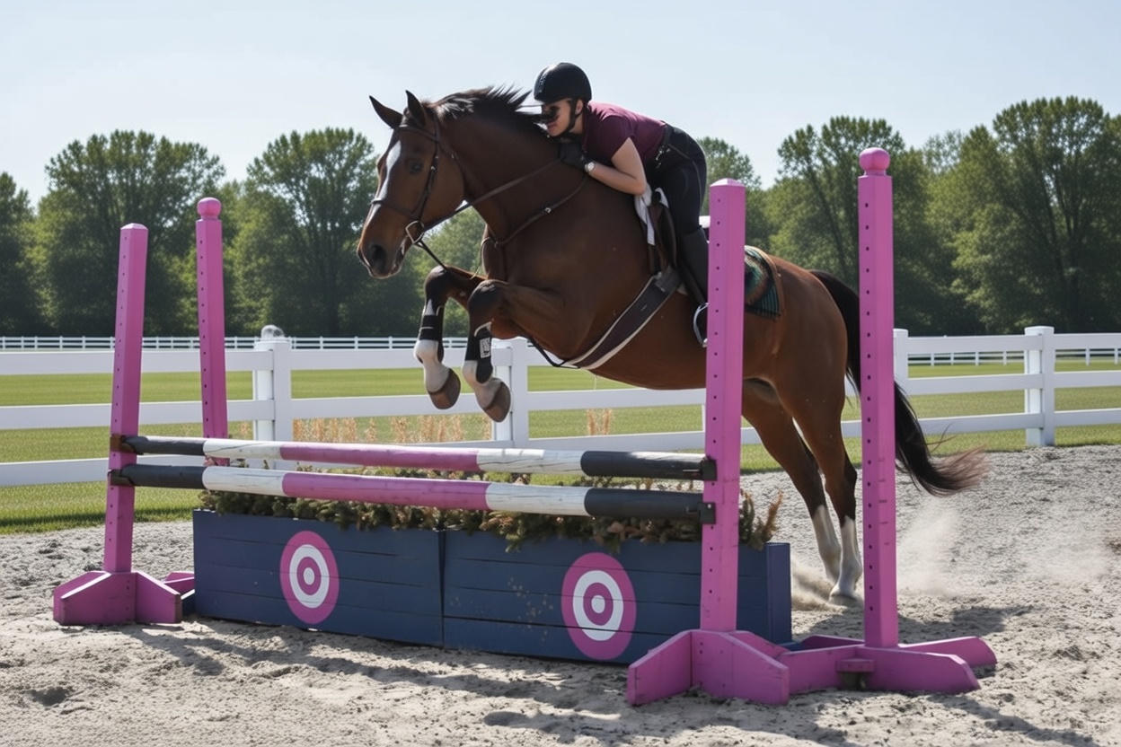 A woman riding a horse jumps over a pink and white obstacle in equestrian show jumping.