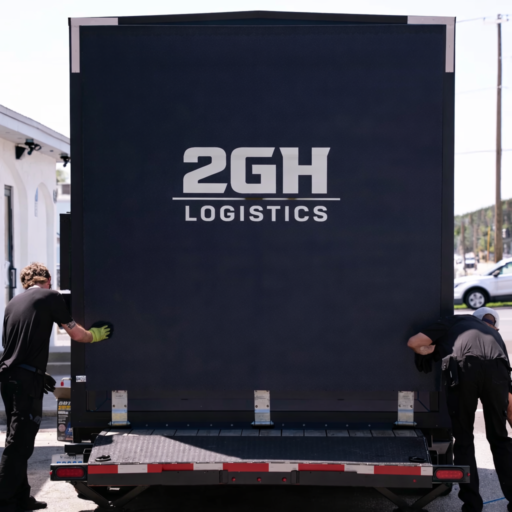 A large black logistics delivery truck with '2GH LOGISTICS' written on the side, two workers handling the truck, one on each side, outdoors in a parking area.