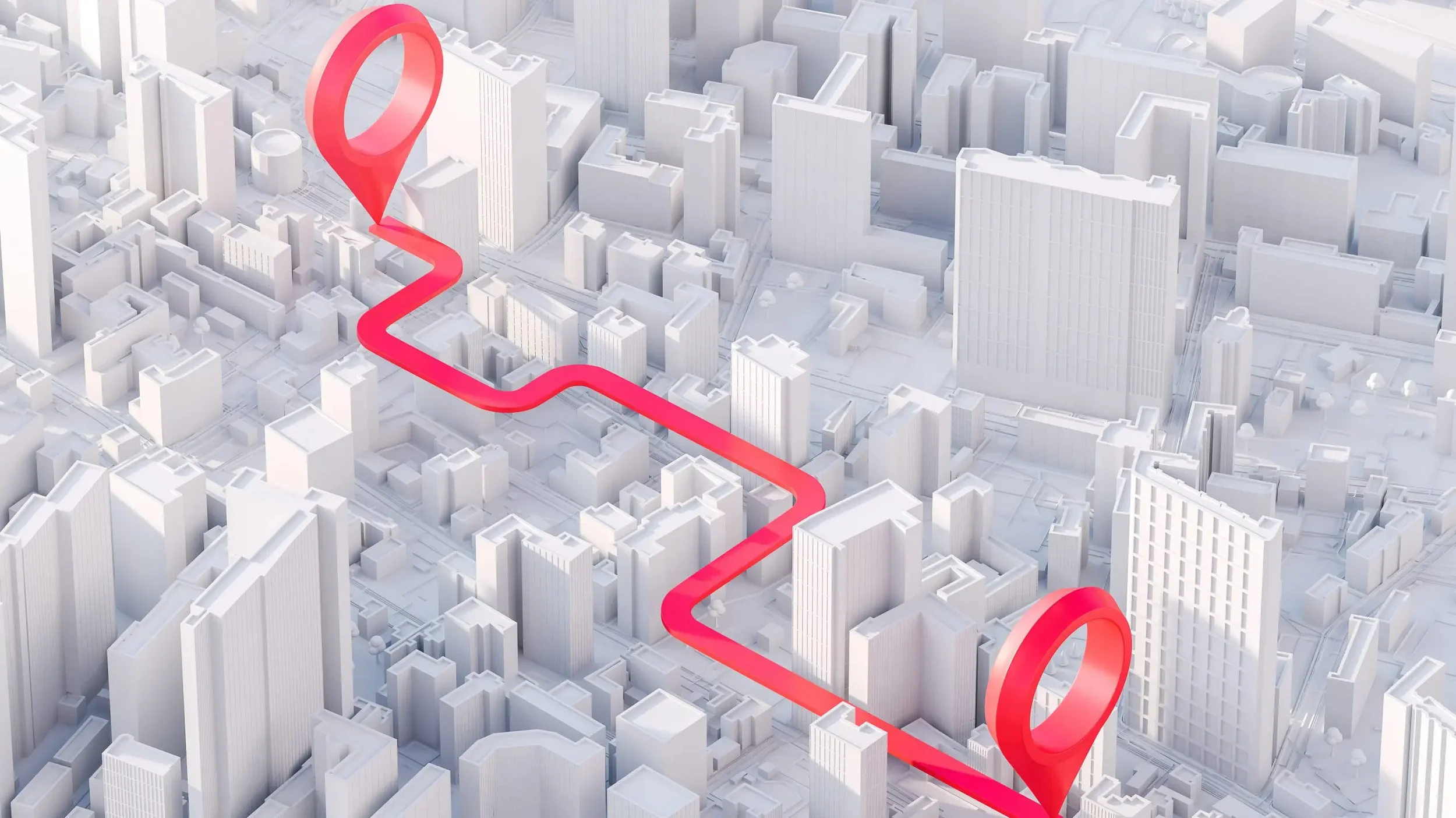 A 3D map of a city with a red path and location markers, showing a route through the city with high-rise buildings.