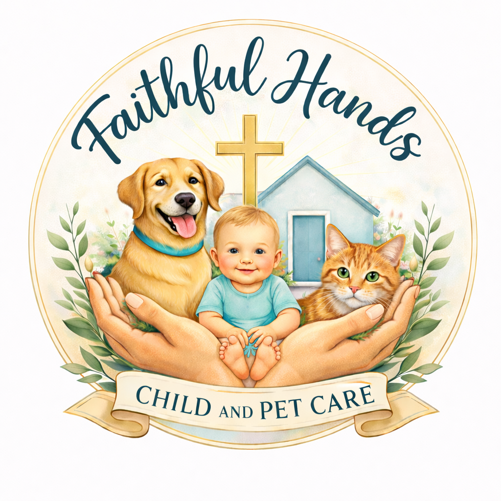 Logo for Faithful Hands Child and Pet Care featuring a baby, a dog, and a cat held in hands with a house, a cross, and green leaves in the background.