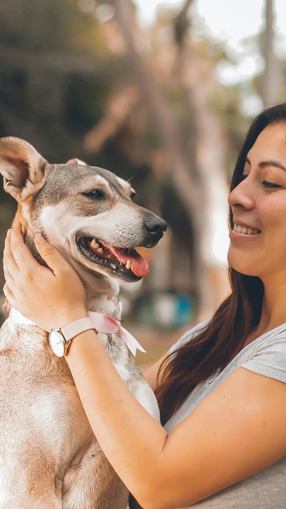 A woman smiling and holding a happy dog with a patch of gray fur, outside in a park with blurry trees in the background.
