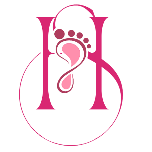 Pink and black logo featuring a stylized letter 'M' with a foot print and a teardrop shape.