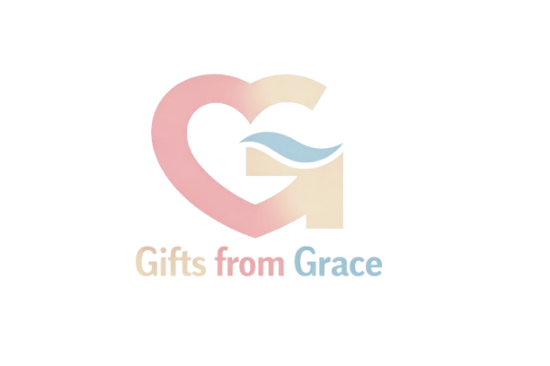 A logo featuring a pink heart with a blue cross inside it, a blue angel wing on the right, and the words 'Gifts from Grace' in pastel colors underneath.