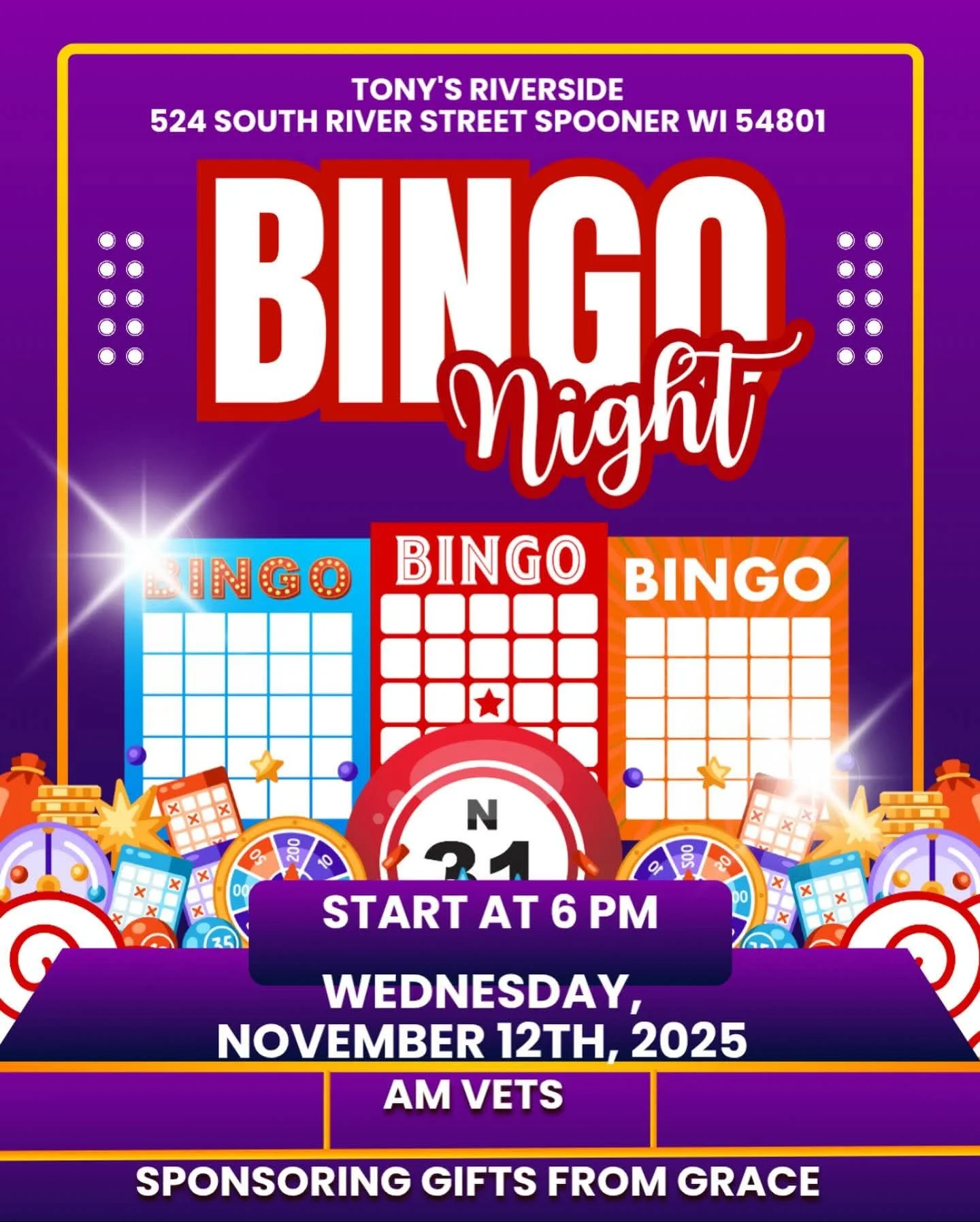 A colorful flyer advertising a bingo night at Tony's Riverside, featuring multiple bingo cards, a spinner, and decorative elements, with event details including date, time, and location.