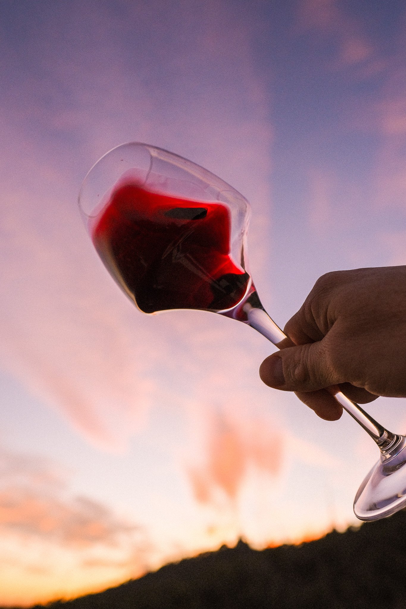 A hand holding a glass of red wine against a colorful sunset sky.