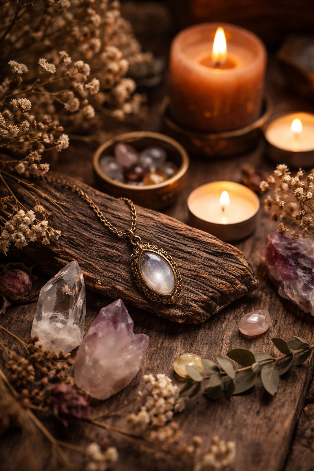 A jewelry pendant with a large clear stone on a rustic wooden surface surrounded by candles, crystals, dried flowers, and leaves.