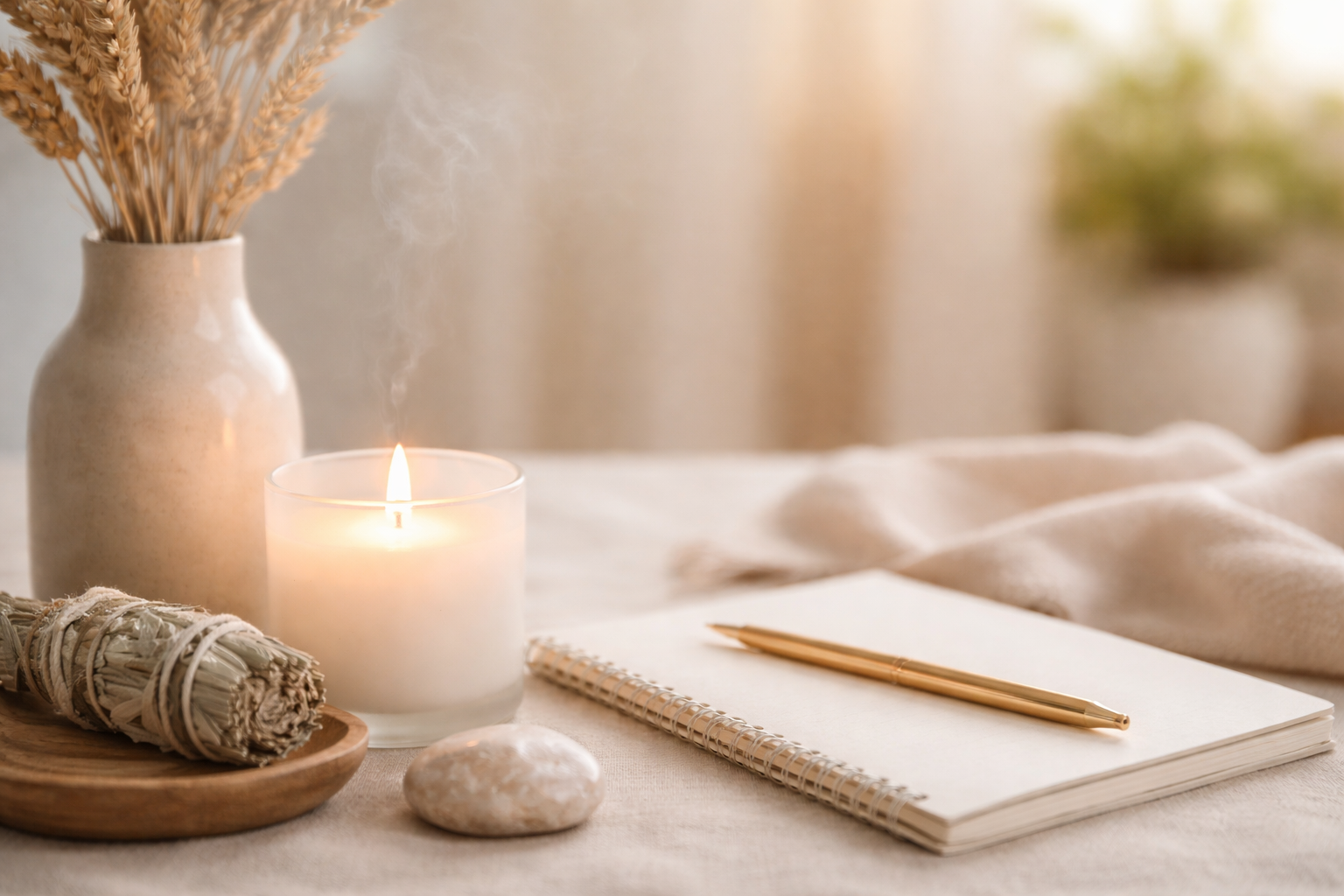 A cozy tabletop scene with a burning white candle, a notebook with a gold pen, a bundle of sage on a wooden tray, a beige vase with dried wheat, and a smooth stone, all set on a light-colored cloth with blurred background.