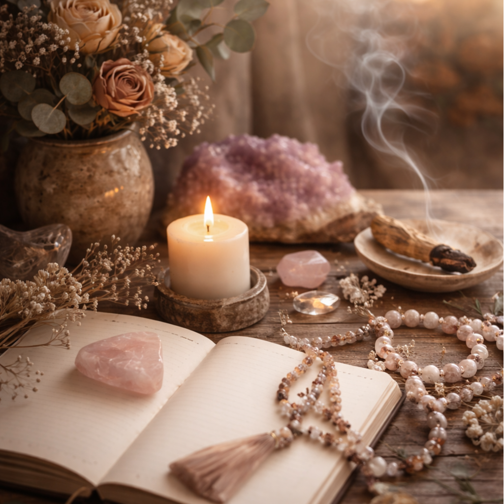 A rustic wooden table decorated with a lit white candle, pink crystals, floral arrangements, a quartz stone, and jewelry, creating a cozy, bohemian atmosphere.