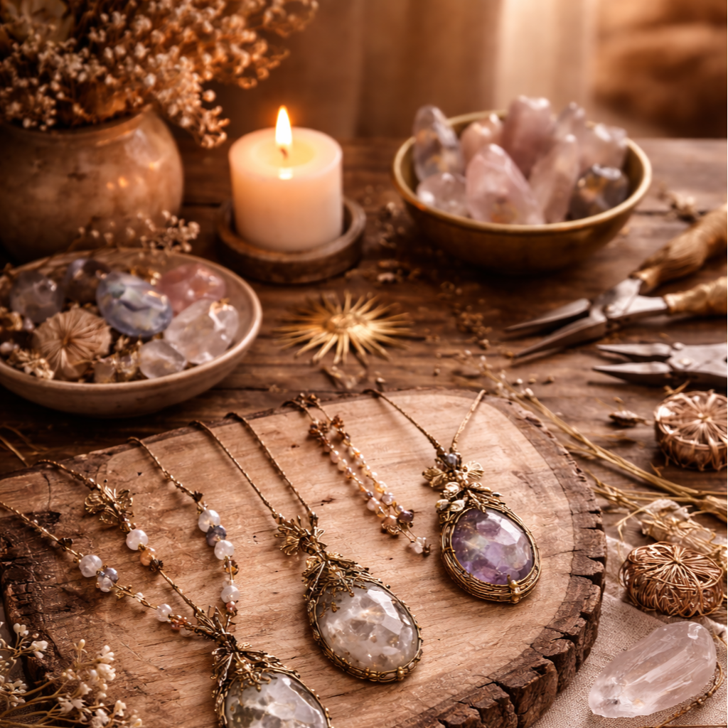 Display of jewelry necklaces with large gemstones on a rustic wooden surface, surrounded by bowls of crystals, dried flowers, and decorative objects, with a lit candle in the background creating a warm ambiance.