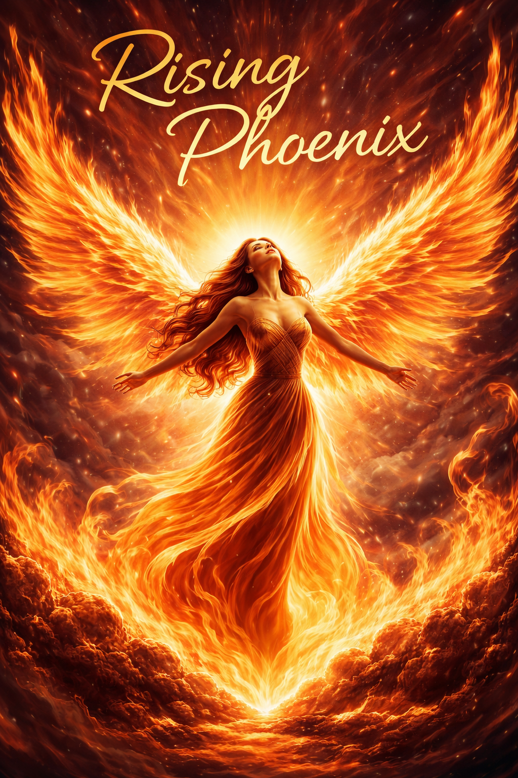 A fiery female figure with long flowing hair and glowing wings, rising from flames with her arms outstretched, with the text 'Rising Phoenix' above her.