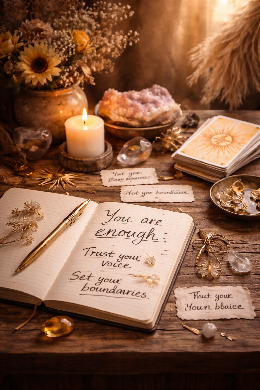 A wooden table with a lit candle, a notebook with an inspirational quote, crystals, gold jewelry, tarot cards, dried flowers, and handwritten notes amid soft lighting.