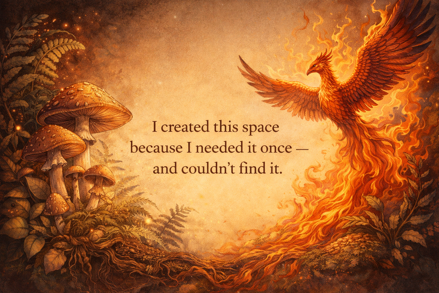 Fantasy illustration of a phoenix rising amidst flames on the right, surrounded by mushrooms and ferns on the left, with a quote in the center that reads 'I created this space because I needed it once — and couldn’t find it.'