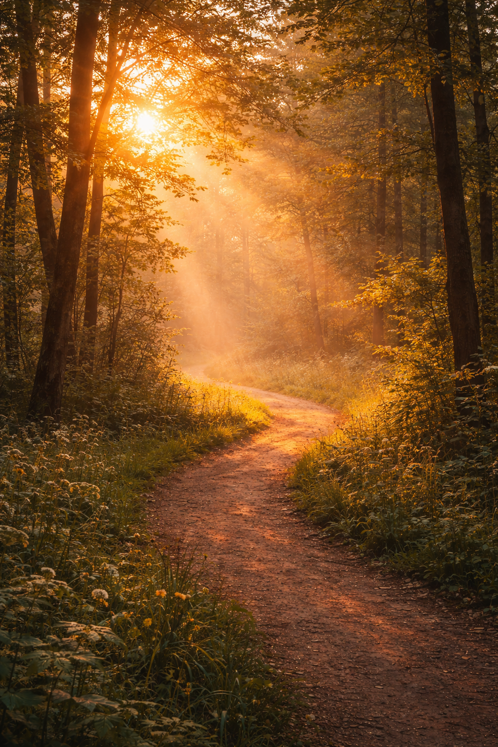 Sunlight shining through trees onto a walking path in a forest during golden hour with warm, orange hues.