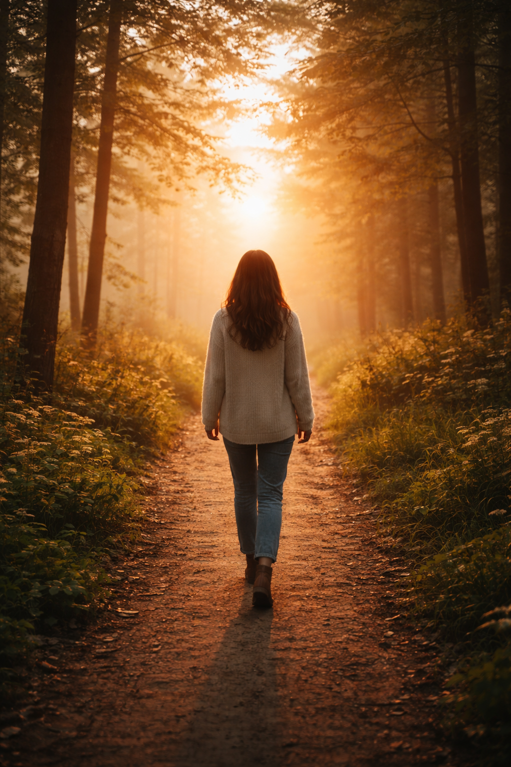A woman with long brown hair, wearing a light gray sweater, jeans, and brown boots, walking down a dirt path in a forest during sunset.