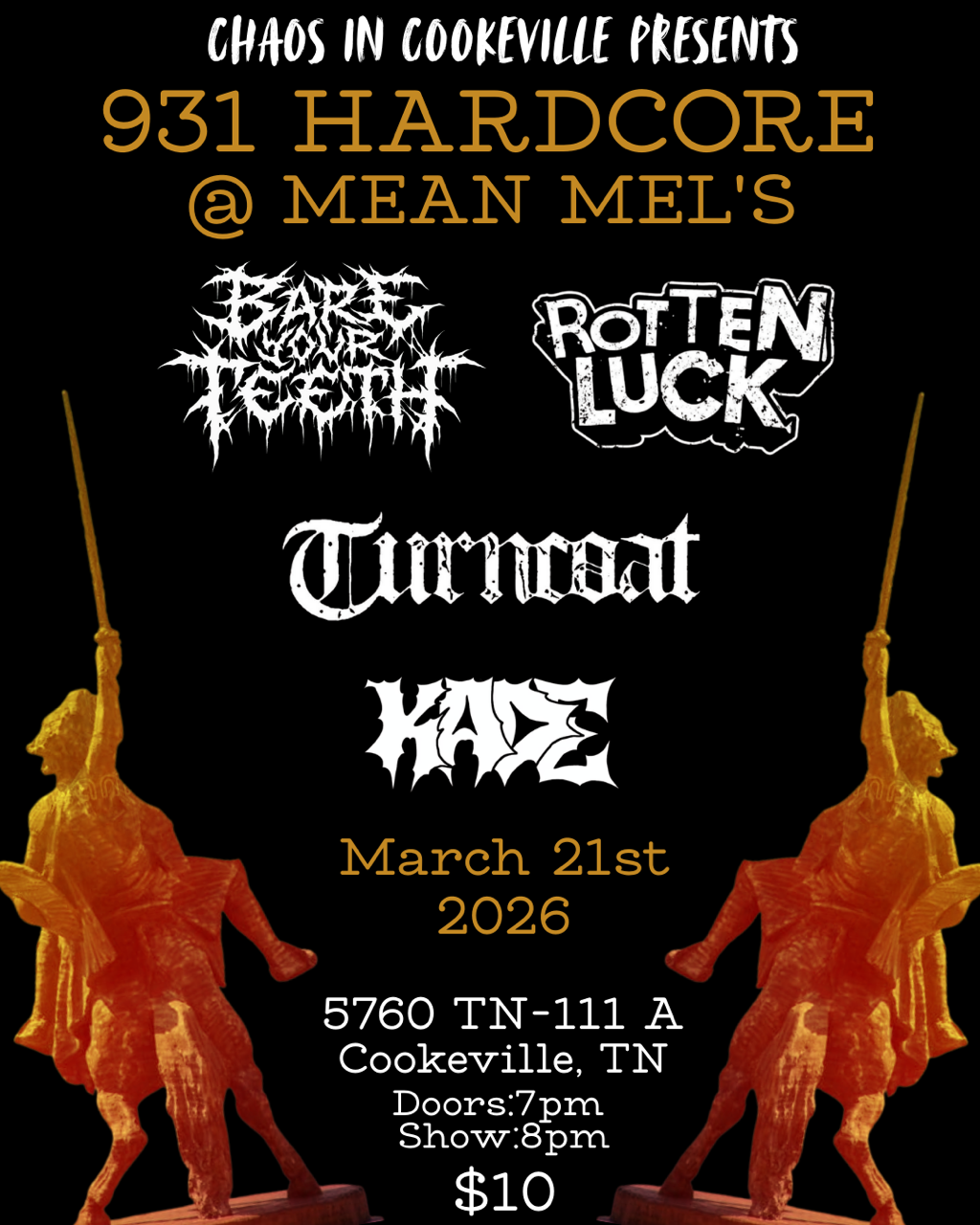 Chaos In Cookeville Presents: Bare Your Teeth, Rotten Luck, Turncoat, and Kade 