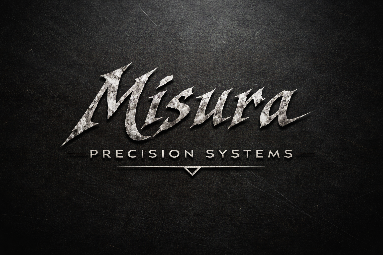 Black textured background with the text 'Misura' in large, distressed silver letters, and 'PRECISION SYSTEMS' in smaller silver uppercase letters below, with horizontal lines and a small triangle beneath.