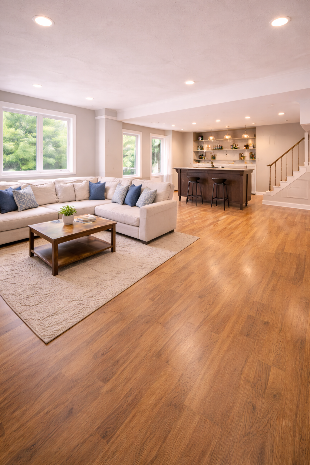 Bright, spacious living room with a large beige sectional sofa with blue and patterned throw pillows, a wooden coffee table with a small potted plant, a cream-colored area rug, large windows with greenery outside, a dark wood bar with two black barstools, and a staircase with wooden railing in the background.