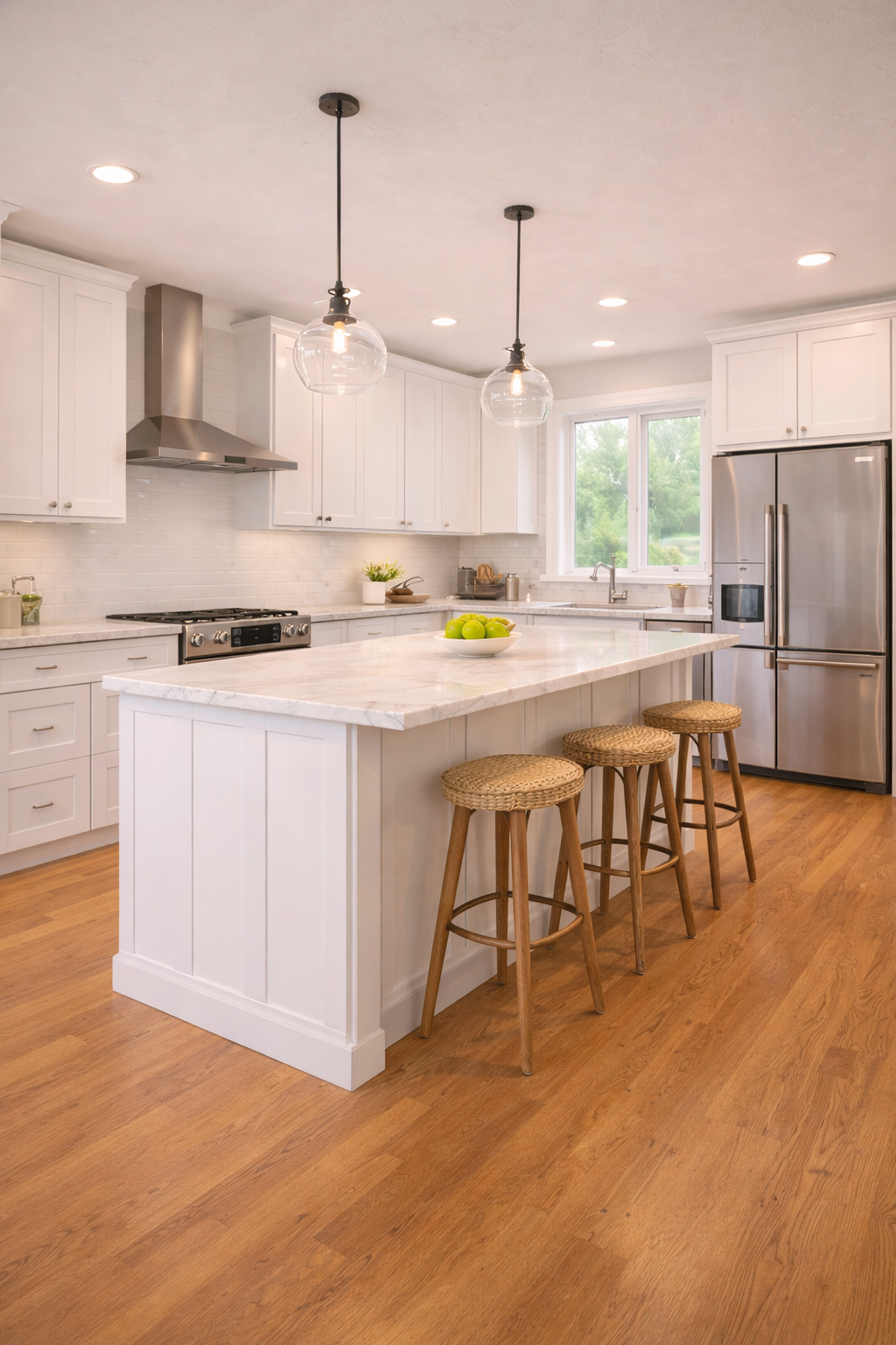 Bright, modern kitchen with white cabinetry, stainless steel appliances, a large island with a marble countertop, and three wooden stools. Hardwood floors, pendant and recessed lighting, and a window showing greenery outside.