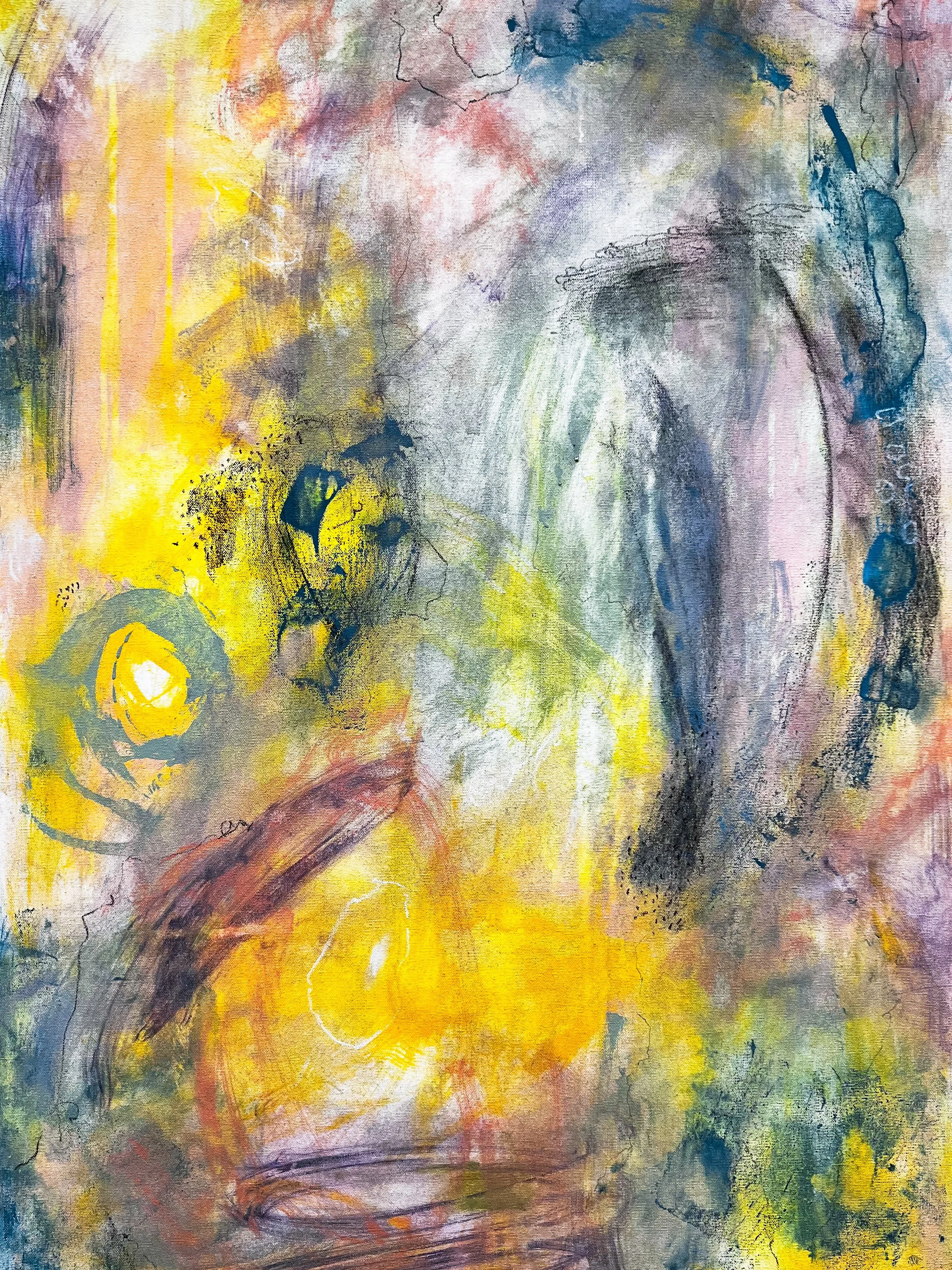 Abstract watercolor painting with swirling lines, splashes of yellow, blue, green, pink, and black, creating a textured, expressive composition.