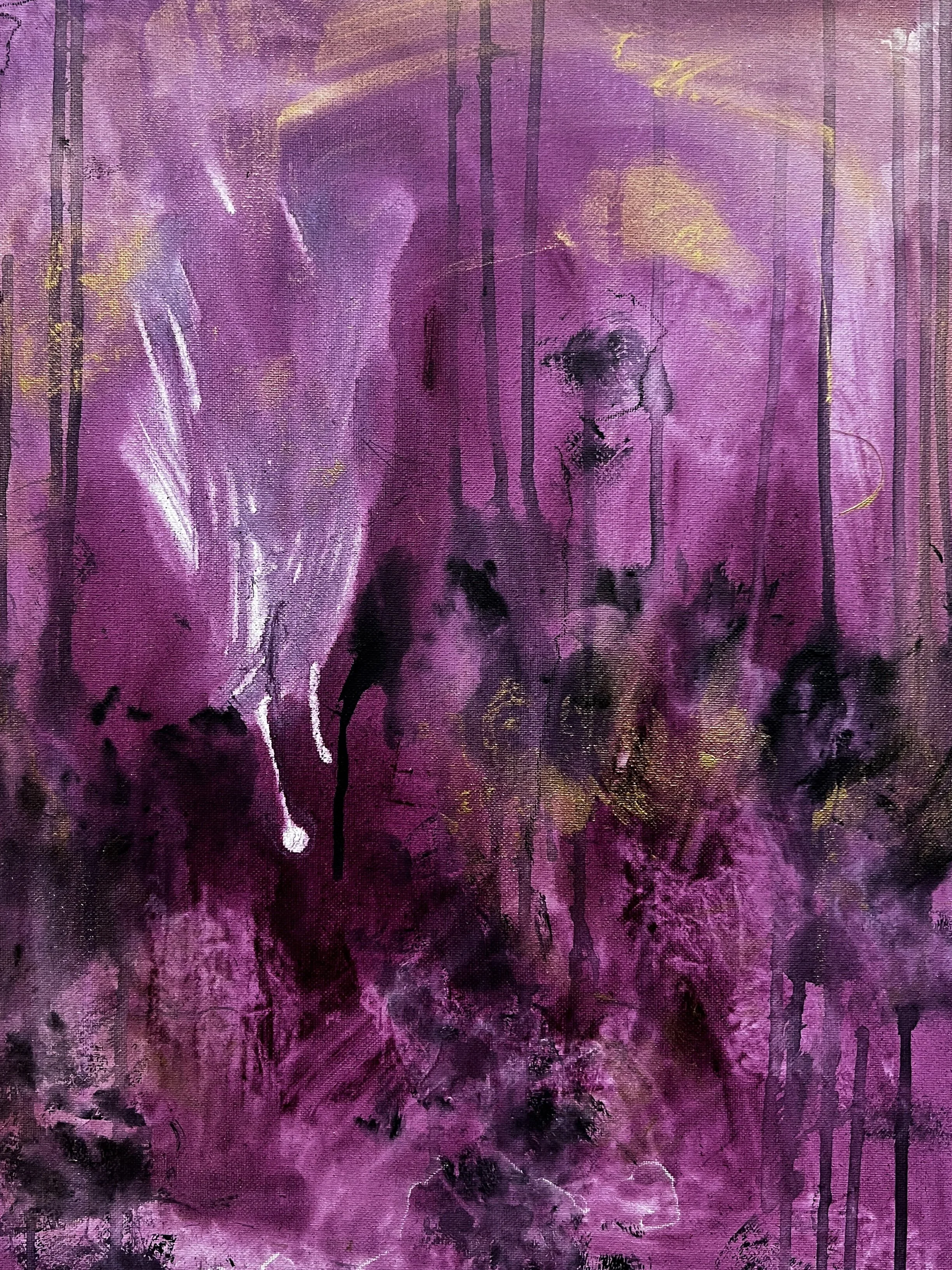 Abstract painting with purple, black, white, and gold colors, featuring drips, streaks, and splatters.