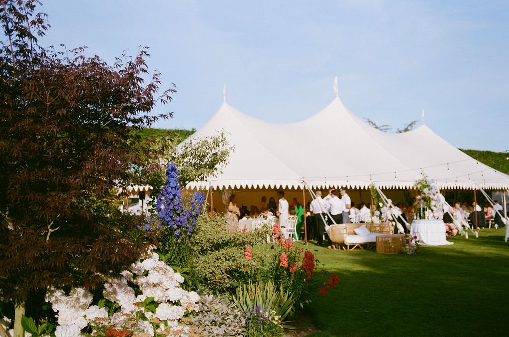 White wedding marquee surrounded by colourful garden flowers.