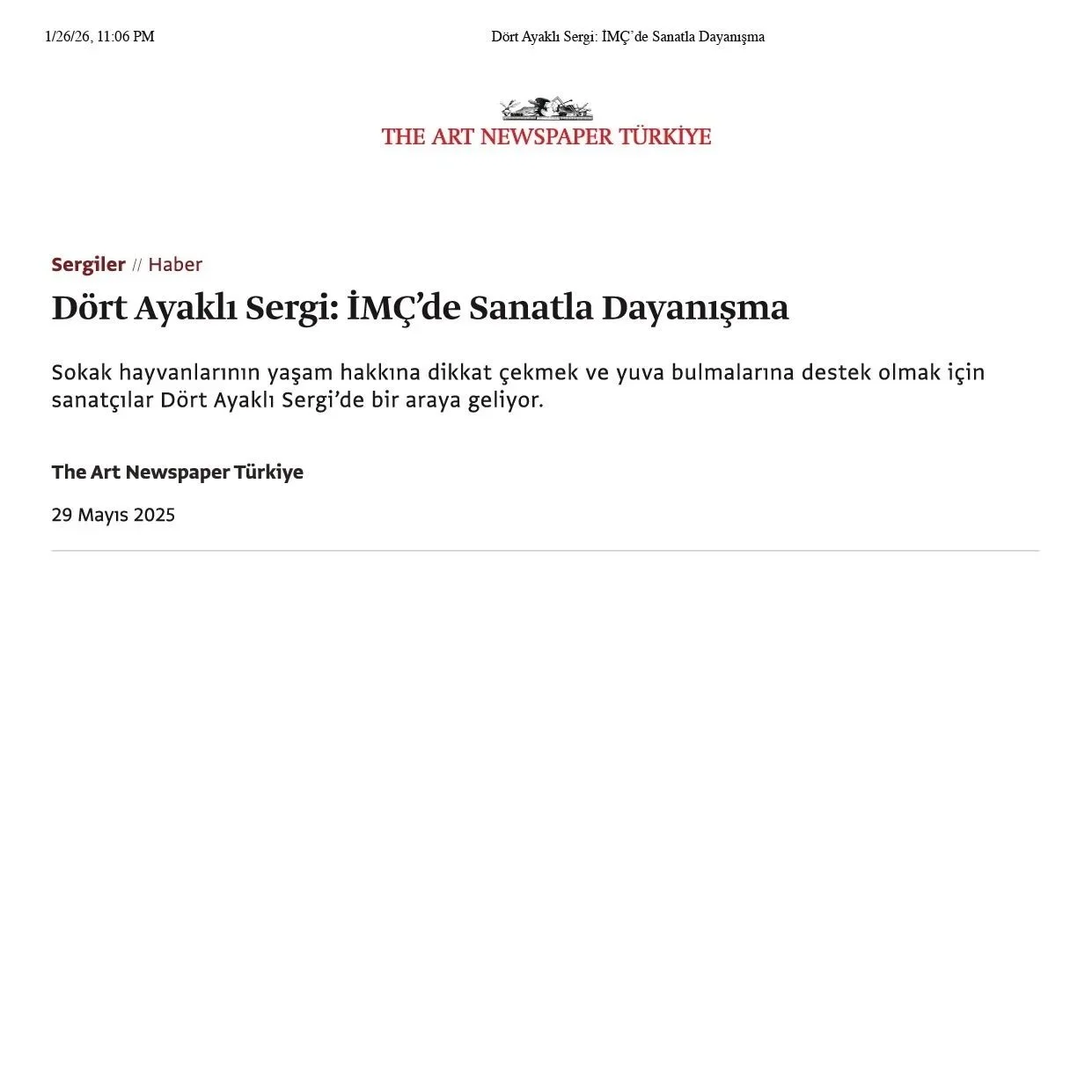 The Art Newspaper Türkiye-Dört Ayaklı Sergi: İMÇ’de Sanatla Dayanışma
