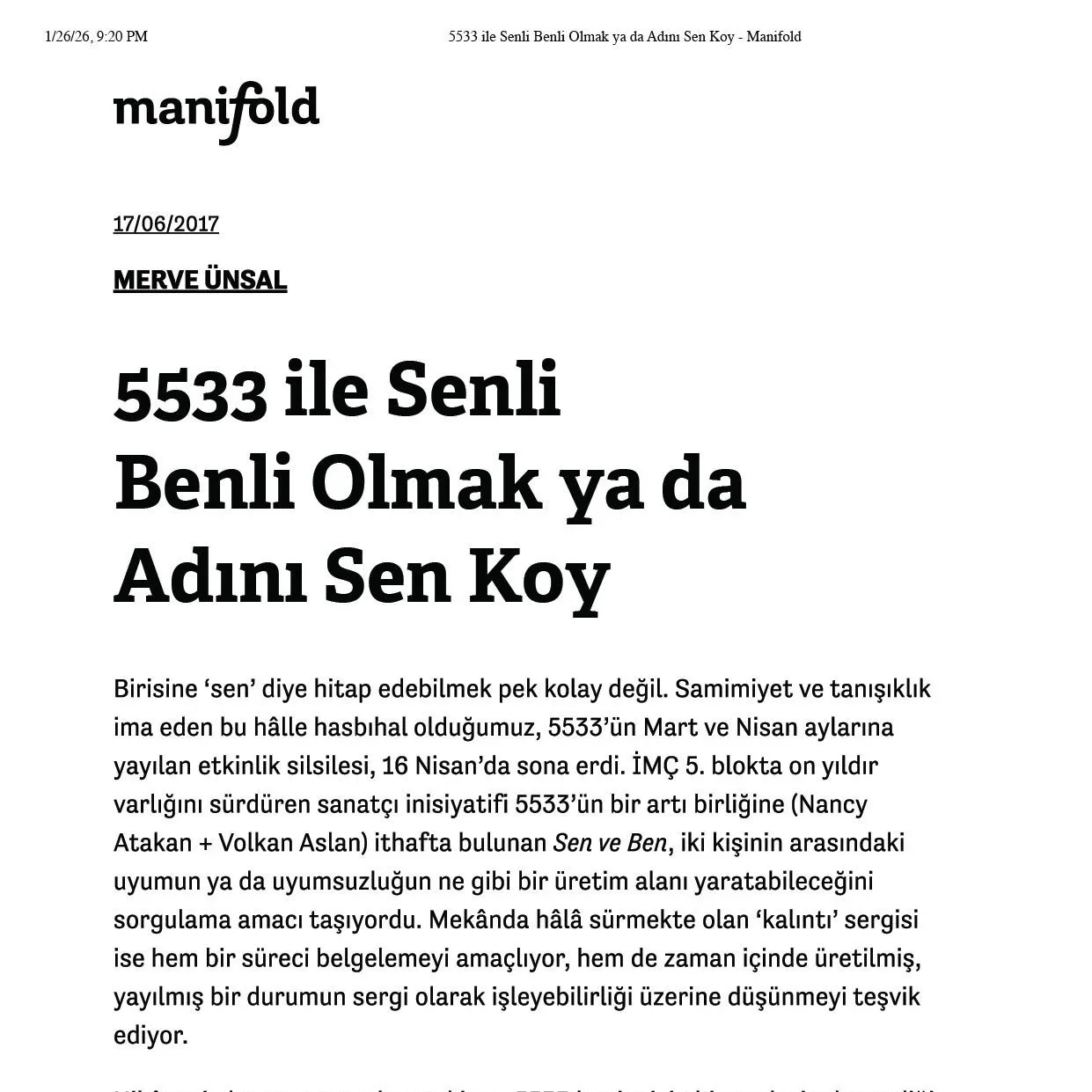 Manifold-5533 ile Senli Benli Olmak ya da Adını Sen Koy