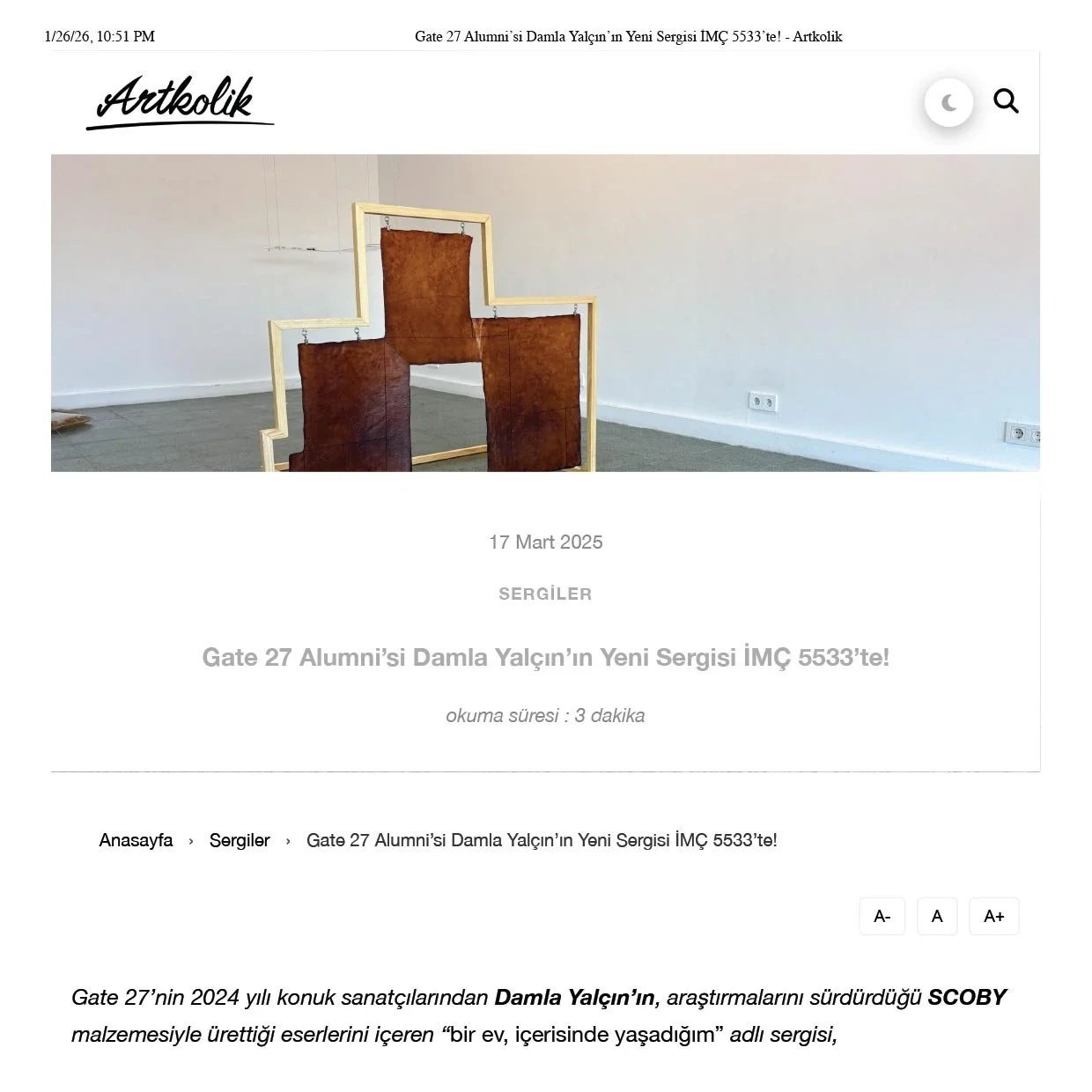 Artkolik!-Gate 27 Alumni’si Damla Yalçın’ın Yeni Sergisi İMÇ 5533’te!