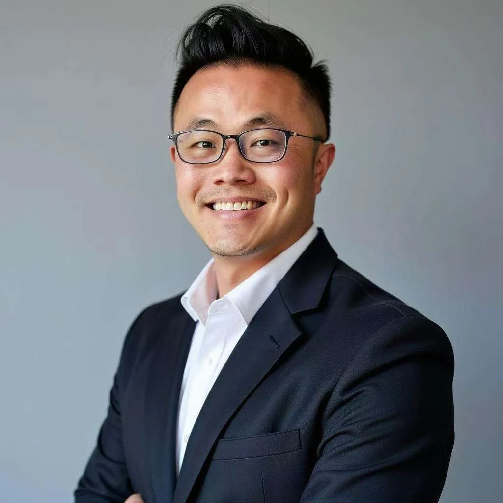 A professional man wearing glasses in a black suit and white shirt, smiling with crossed arms, against a gray background.